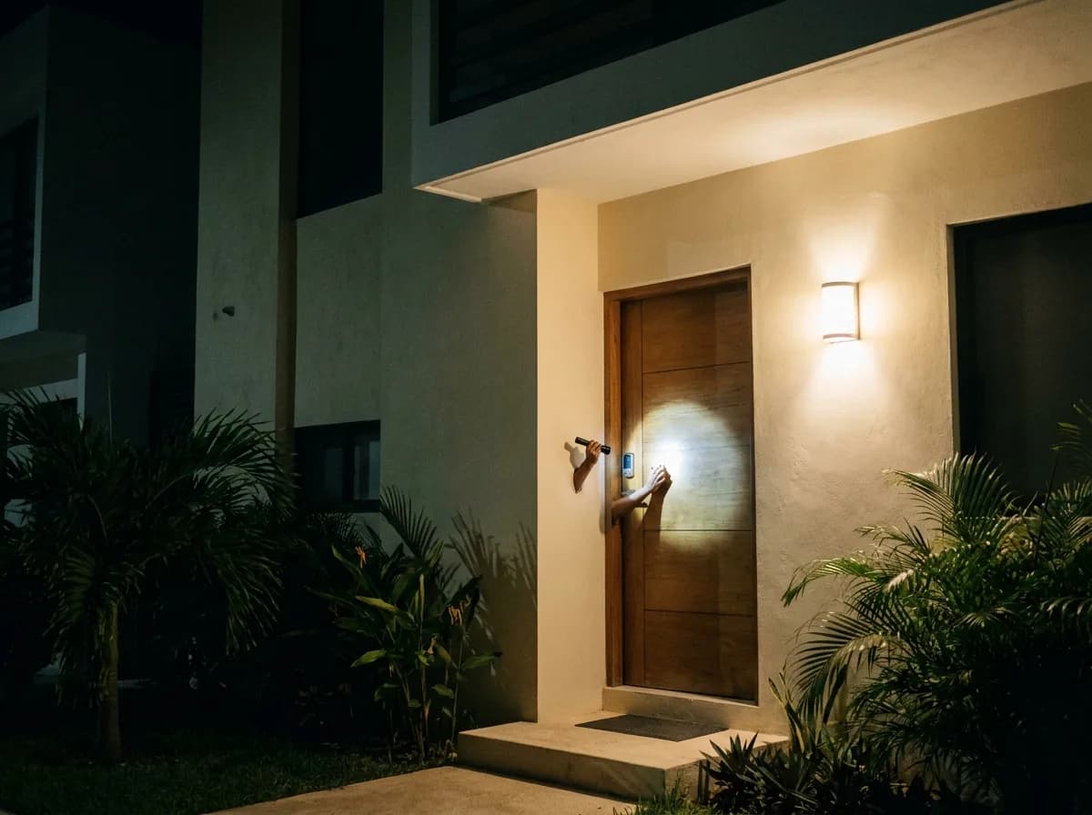 24 hour locksmith in Cancun: door lock lit by a flashlight at night